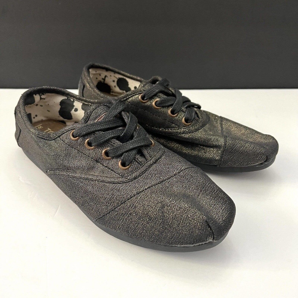 TOMS Cordones Women Lace Up Canvas Shoes Black Metallic Gold Sneaker 070511 6.5